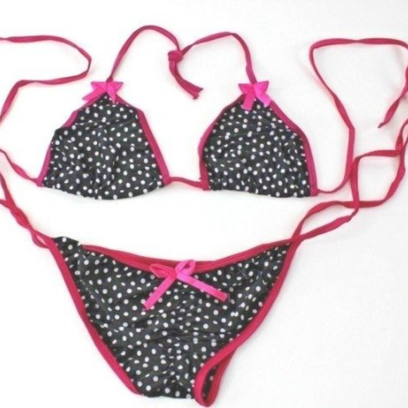 Sexy 2 Piece Polka Dot String Bikini Size Small Black /White Pink Trim - Picture 3 of 3